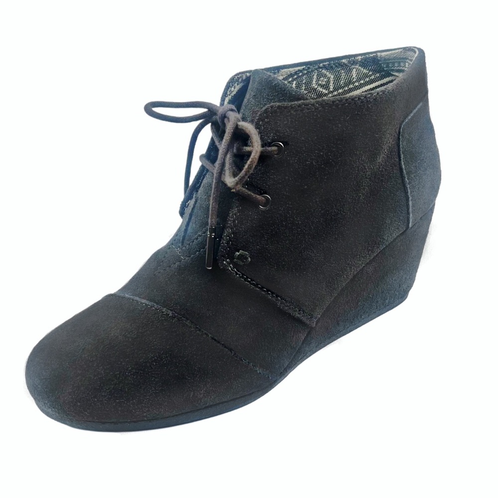 Toms Women’s Gray Suede Wedge Lace Up Bootie Sz 10